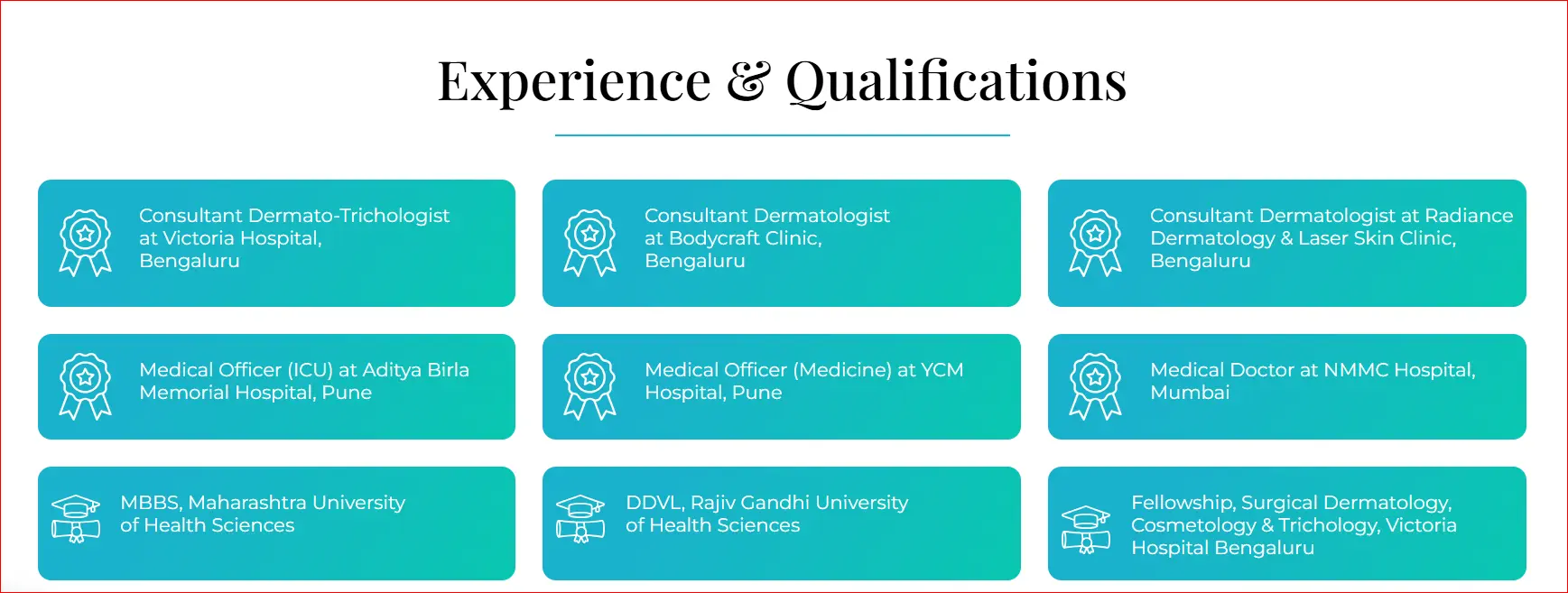 Grid layout showing dermatologist’s experience and qualifications, including roles at various hospitals and specialized fellowships in dermatology and cosmetology