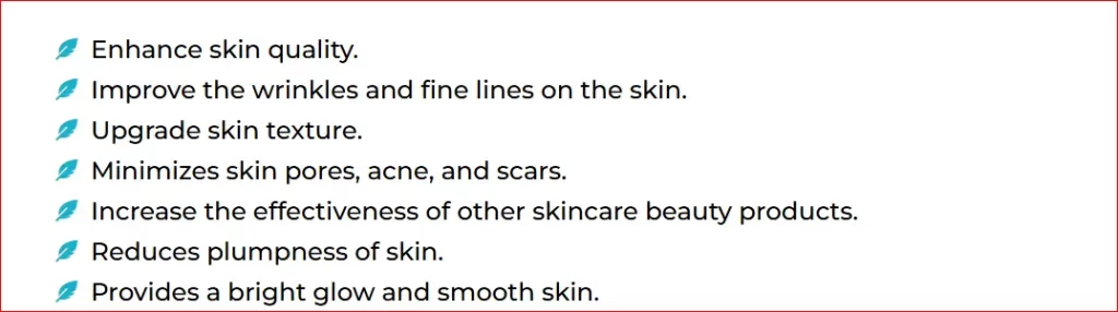 List of benefits of skin treatments, including improved skin quality, reduced wrinkles, minimized pores, and enhanced glow