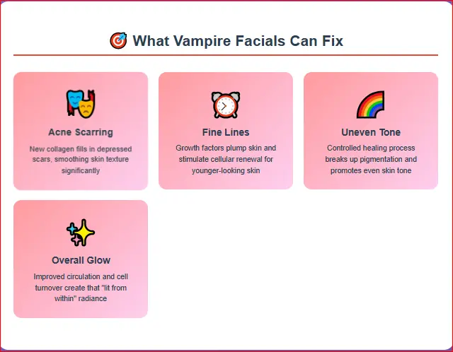 Visual highlighting skin concerns treated by Vampire Facials, including acne scars, fine lines, uneven tone, and dull skin