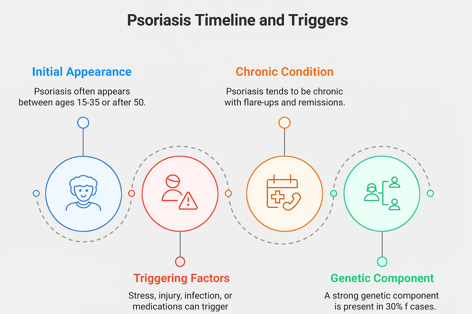 Infographic explaining psoriasis triggers, timeline, and genetic factors with icons and text about onset, chronic nature, and common triggers